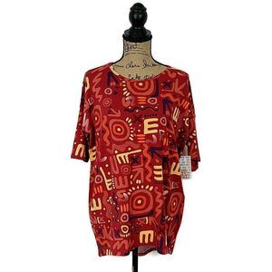 💥5/$25 NWT LulaRoe XS Irma Red Geometric Short Sleeve Scoop Neck Tunic Tshirt